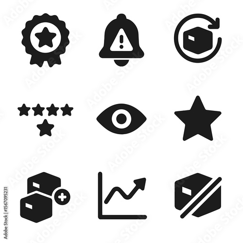 Performance Icon Grid. Solid, filled icon set of product performance: top seller badge, low stock alert, return rate, ratings icon