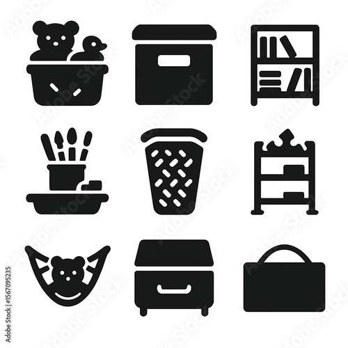 Kid's Room Icons. Solid, filled icons set of kid’s room organization: toy bin, labeled box, bookshelf, art