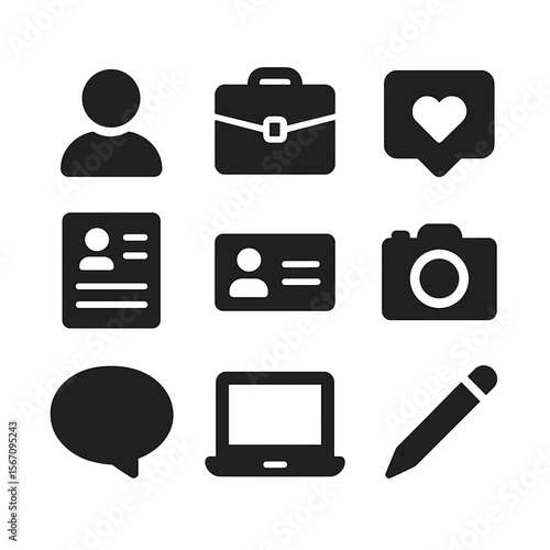 Personal Branding Icons. Solid, filled icon set of personal branding: profile picture, portfolio, social media, blog, networking