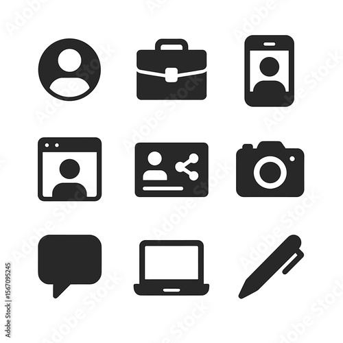 Personal Branding Icons. Solid, filled icon set of personal branding: profile picture, portfolio, social media, blog, networking