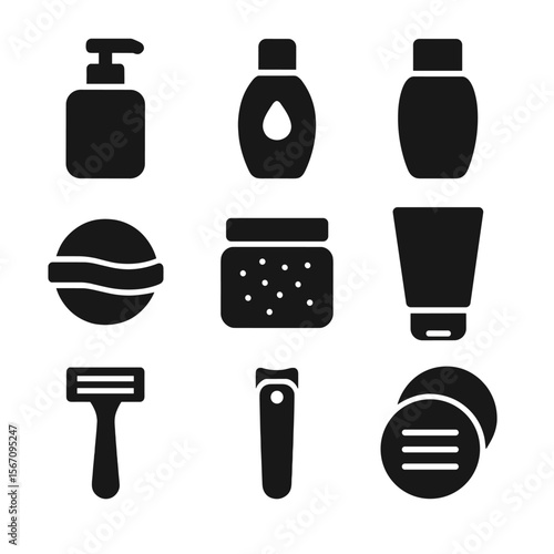 Personal Care Icons. Solid, filled icon set of personal care products: lotion bottle, hair conditioner, body wash, bath bomb,