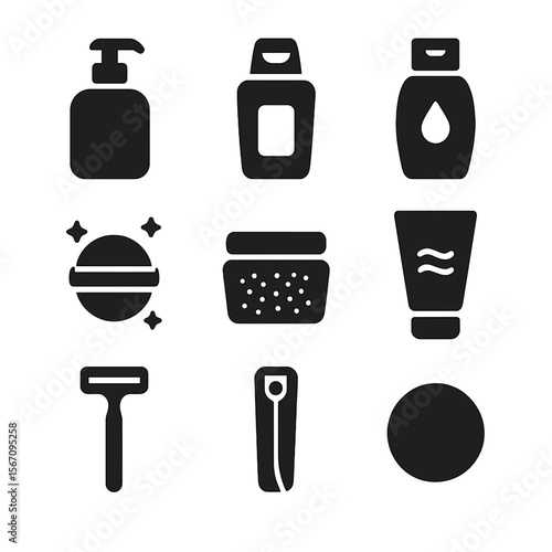 Personal Care Icons. Solid, filled icon set of personal care products: lotion bottle, hair conditioner, body wash, bath bomb,