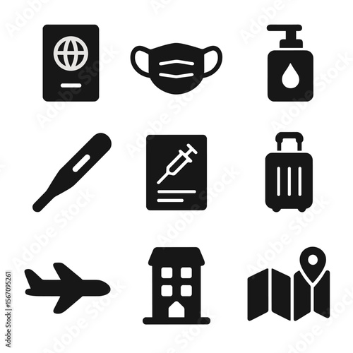 Travel Health Icons. Solid, filled icon set of travel health precautions: passport, face mask, sanitizer, thermometer, vaccine