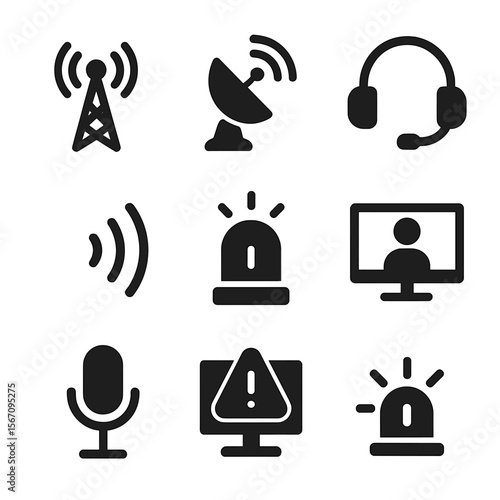 Space Station Icons. Solid, filled icon set of space station communication: radio transmitter, satellite dish, headset, signal