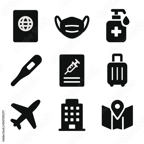 Travel Health Icons. Solid, filled icon set of travel health precautions: passport, face mask, sanitizer, thermometer, vaccine