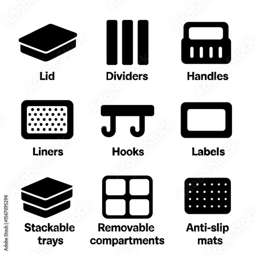 Tray Accessories Icons. Solid, filled icon set of tray accessories for storage: lids, dividers, handles, liners, hooks, labels,