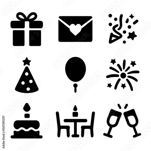 Special Occasion Icons. Solid, filled icon set of special occasion dining: gift box, invitation card, confetti, party hat, balloon