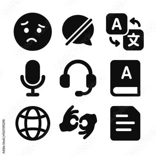 Speech Icons Grid. Solid, filled icon set of speech impediments and translation: confused face, speech bubble crossed out,