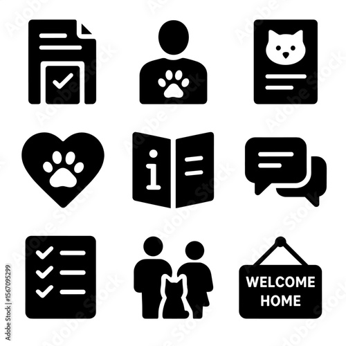 Pet Adoption Icons. Solid, filled icon set of pet adoption counseling and education: adoption form, counselor figure, pet profile,