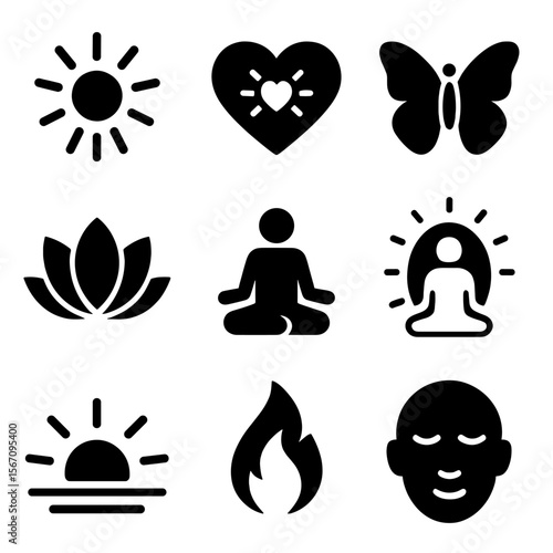 Spiritual Icon Grid. Solid, filled icon set of transformative spiritual experiences: light rays, open heart, butterfly, lotus