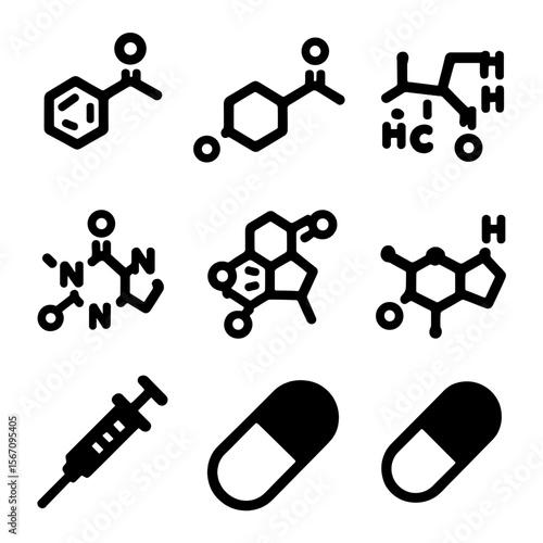 Pharmaceutical Molecules Icons. Solid, filled icon set of pharmaceutical molecules: aspirin, ibuprofen, penicillin, morphine,