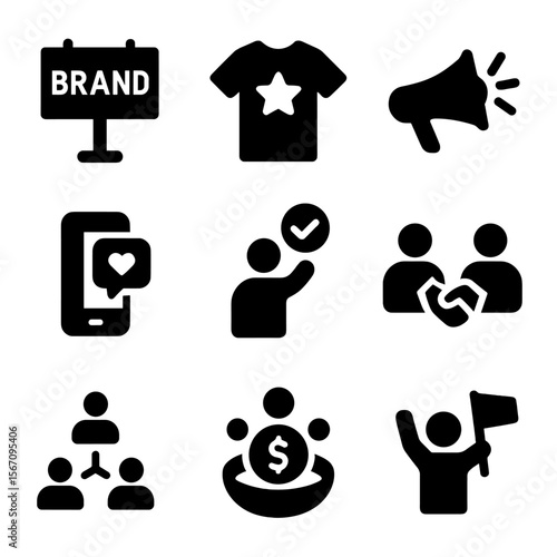 Sponsor Benefit Icons. Solid, filled icon set of sponsor benefits: brand exposure, merchandise, advertising, social media,