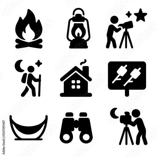 Twilight Activities Icons. Solid, filled icon set of twilight activities: campfire, lantern, star gazing, night hiking, cozy cabin