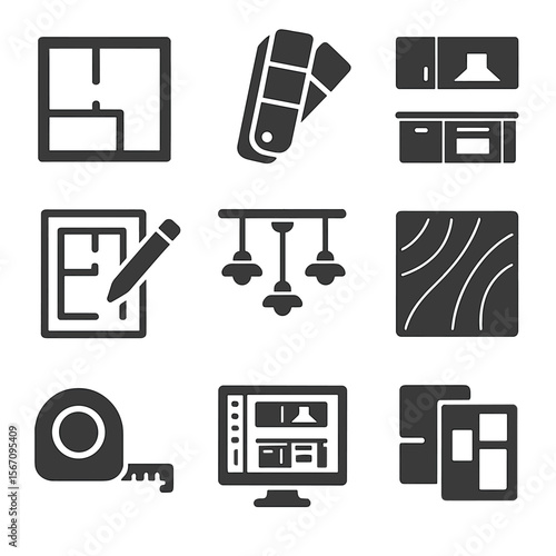 Kitchen Design Icons. Solid, filled icons set of kitchen design planning: floor plan, color palette, 3D model,