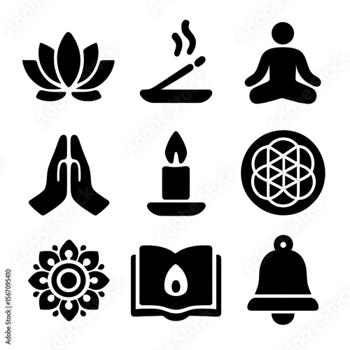 Spiritual Symbols Icons. Solid, filled icon set of spiritual symbols and rituals: lotus flower, incense stick, meditation pose,