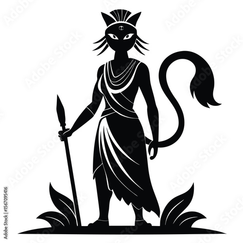 Black Silhouette of Bastet Egyptian Goddess with Spear Standing Tall