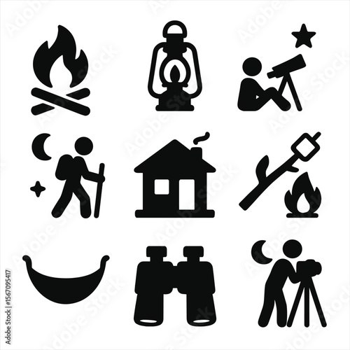 Twilight Activities Icons. Solid, filled icon set of twilight activities: campfire, lantern, star gazing, night hiking, cozy cabin