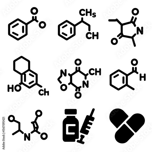 Pharmaceutical Molecules Icons. Solid, filled icon set of pharmaceutical molecules: aspirin, ibuprofen, penicillin, morphine,