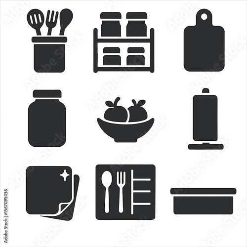 Kitchen Organization Icons. Solid, filled icons set of kitchen counter organization: utensil holder, spice