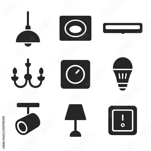 Kitchen Lighting Icons. Solid, filled icons set of lighting fixtures for kitchens: pendant lamp, recessed