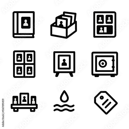 Sports Card Storage Icons. Solid, filled icon set of sports trading card storage: binder, box, album, plastic sleeve, display case