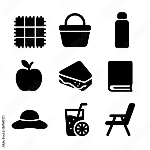 Picnic Essentials Icons. Solid, filled icon set of picnic in the glade: picnic blanket, basket, thermos, apple, sandwich, book,