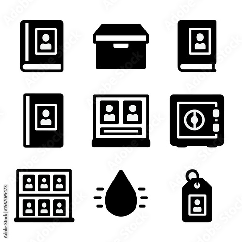 Sports Card Storage Icons. Solid, filled icon set of sports trading card storage: binder, box, album, plastic sleeve, display case