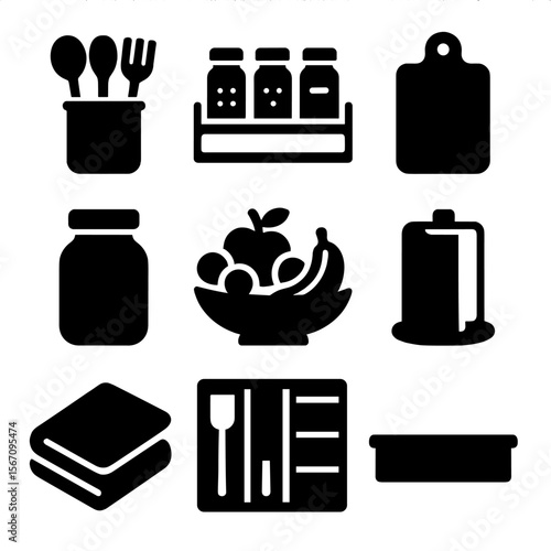 Kitchen Organization Icons. Solid, filled icons set of kitchen counter organization: utensil holder, spice