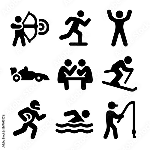 Sports Icon Grid. Solid, filled icon set of A sports: archery, athletics, aerobics, auto racing, arm wrestling, alpine skiing,
