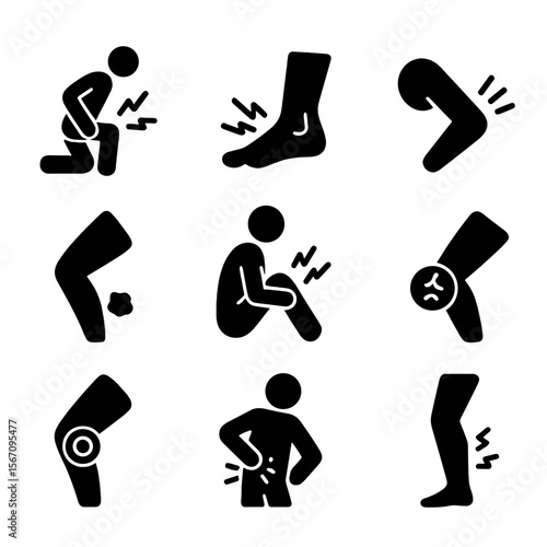 Sports Injury Icons. Solid, filled icon set of common sports injuries: muscle strain, sprained ankle, tendon inflammation,