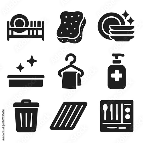 Kitchen Organizing Icons. Solid, filled icons set of organizing the kitchen after dinner: dish rack, sponge