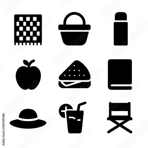 Picnic Essentials Icons. Solid, filled icon set of picnic in the glade: picnic blanket, basket, thermos, apple, sandwich, book,