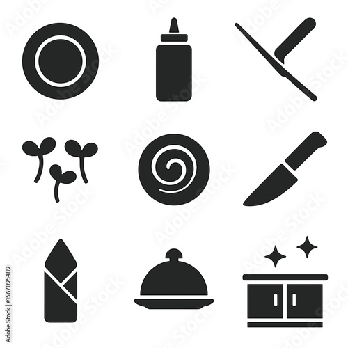 Kitchen Plating Icons. Solid, filled icons set of professional kitchen plating: fine china plate, sauce bottle
