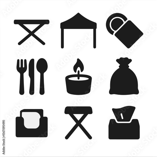 Picnic Gear Icons. Solid, filled icon set of picnic setup gear: folding table, tent canopy, paper plates, napkin, cutlery set,