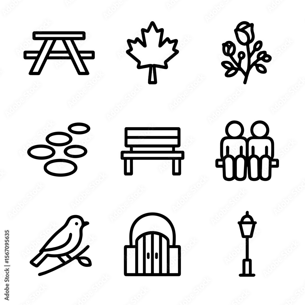 Naklejka premium Urban Nature Icon Set. Solid, filled icon set of urban nature scenes: picnic bench, maple tree, rose bush, stone path, park bench
