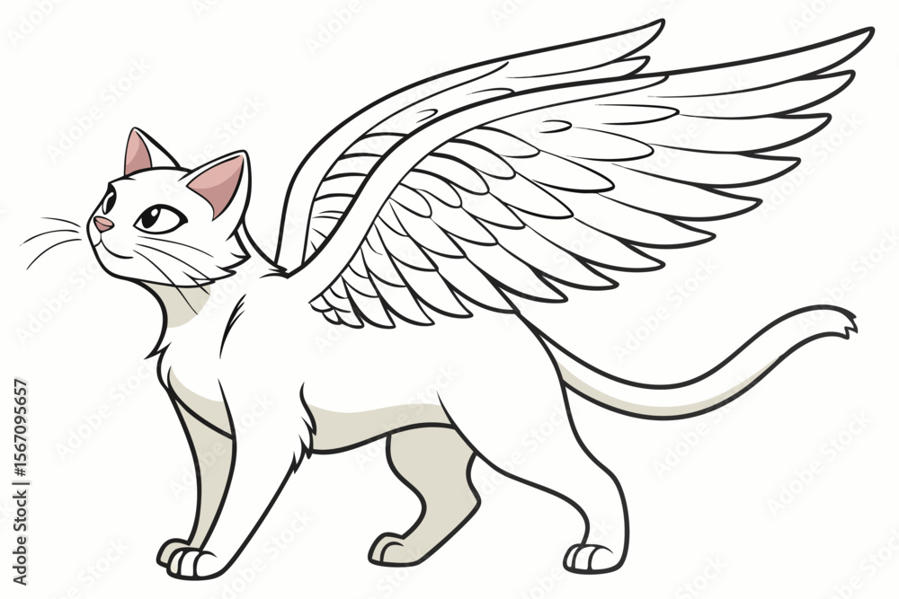 Fototapeta premium Cartoon White Cat With Wings Standing With a Curious Look Feline With Angel Wings
