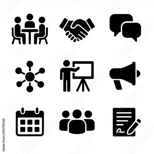 Stakeholder Engagement Icons. Solid, filled icon set of stakeholder engagement: group discussion, handshake, speech bubbles,