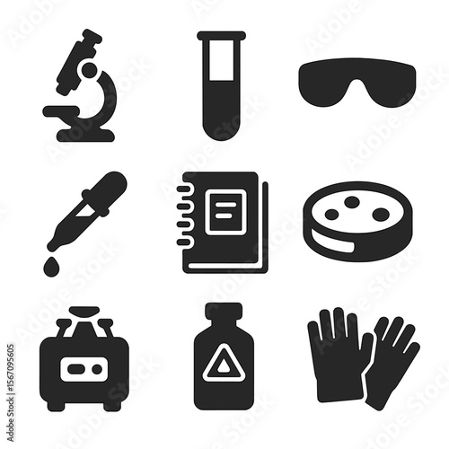 Lab Icon Grid. Solid, filled icons set of lab-based thesis research: microscope, test tube, safety goggles,