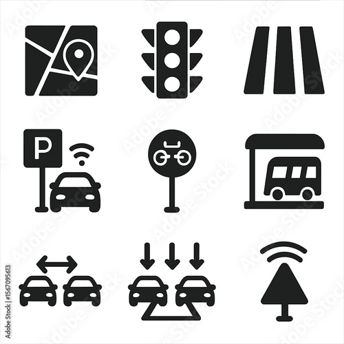 Urban Mobility Icons. Solid, filled icon set of urban autonomous mobility: city map, traffic light, crosswalk, smart parking, bike