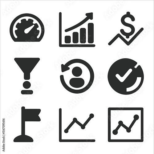 KPI Icon Grid. Solid, filled icons set of key performance indicators (KPIs): speedometer, growth chart,
