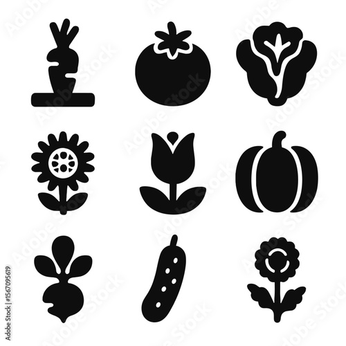 Plant Icon Grid. Solid, filled icon set of vegetable and flower plants: carrot, tomato, lettuce, sunflower, tulip, pumpkin, radish