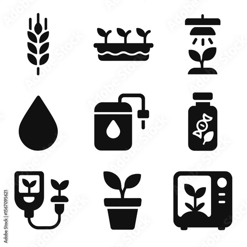 Lab-Grown Crop Icons. Solid, filled icons set of laboratory-grown crops: wheat strand, hydroponic tray,