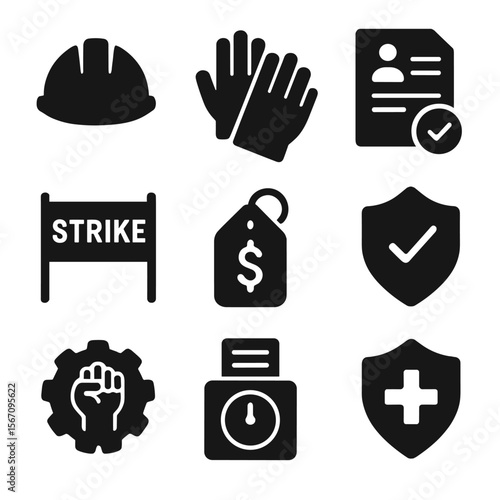 Labor Rights Icons. Solid, filled icons set of labor rights: worker helmet, safety gloves, contract paper,