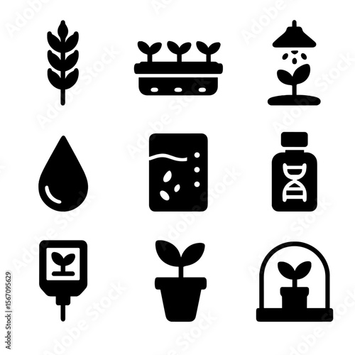 Lab-Grown Crop Icons. Solid, filled icons set of laboratory-grown crops: wheat strand, hydroponic tray,