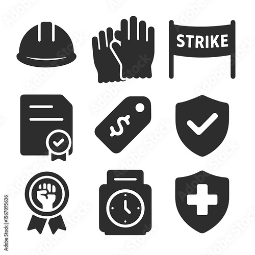 Labor Rights Icons. Solid, filled icons set of labor rights: worker helmet, safety gloves, contract paper,