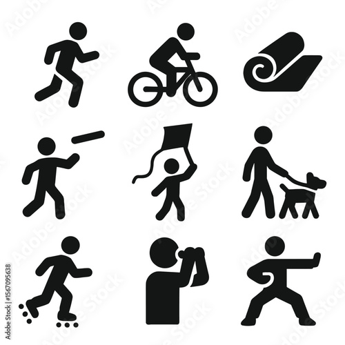 Urban Park Activities Icons. Solid, filled icon set of recreational activities in urban parks: jogging, cycling, yoga mat, frisbee