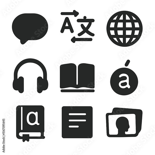 Language Learning Icons. Solid, filled icons set of language learning workshops: speech bubble, translation