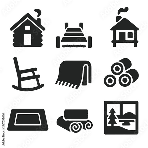 Lakeside Cabin Icons. Solid, filled icons set of lakeside cabins and retreats: log cabin, wooden pier, chimney