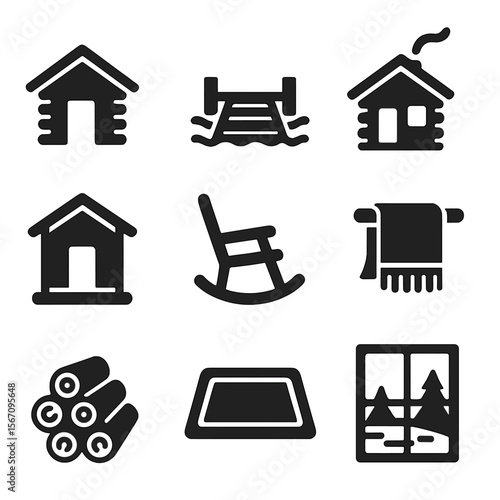 Lakeside Cabin Icons. Solid, filled icons set of lakeside cabins and retreats: log cabin, wooden pier, chimney