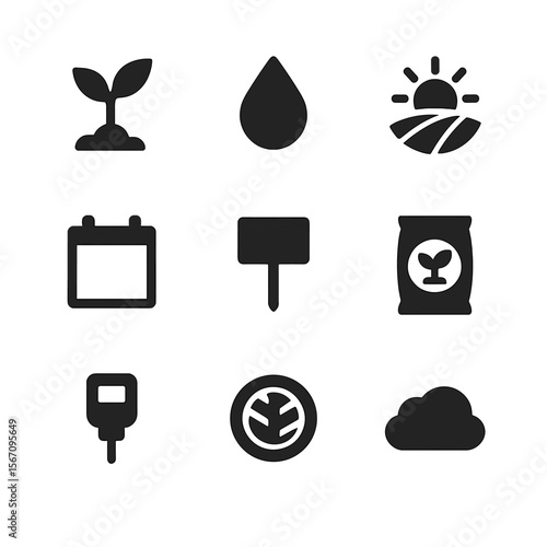 Planting Season Icons. Solid, filled icon set of planting season symbols: seedling, rain droplet, sun over field, calendar, plant